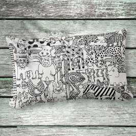 白黒の野生動物の手描きアート ランバークッション