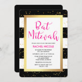白黒の金ゴールドとストライプバルミツワー 招待状 (正面/裏面)