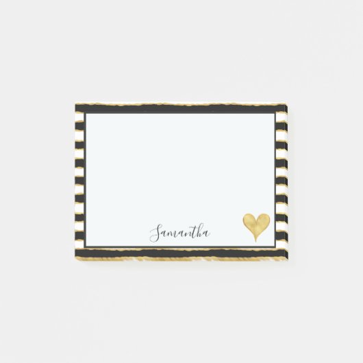 白黒の金ゴールドのストライプなハート ポストイット (正面)