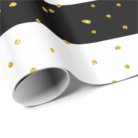 白黒の金ゴールドのフェイクなグリッターのストライプな水玉模様 ラッピングペーパー (ロールコーナー)