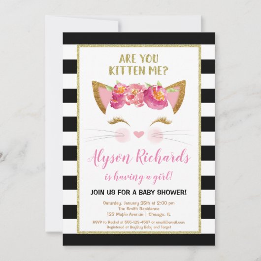 白黒の金ゴールドの子ネコの子猫猫の女の子のベビーシャワー 招待状 (正面)