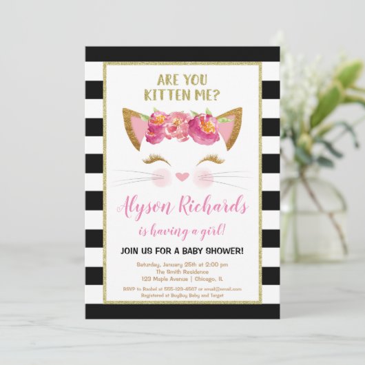 白黒の金ゴールドの子ネコの子猫猫の女の子のベビーシャワー 招待状 (スタンド正面)