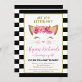 白黒の金ゴールドの子ネコの子猫猫の女の子のベビーシャワー 招待状 (正面/裏面)