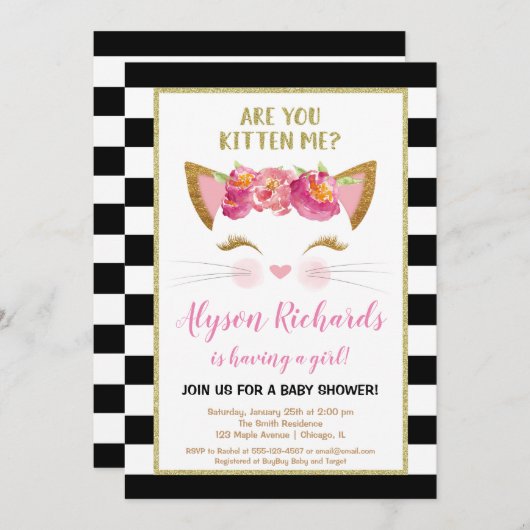 白黒の金ゴールドの子ネコの子猫猫の女の子のベビーシャワー 招待状 (正面/裏面)