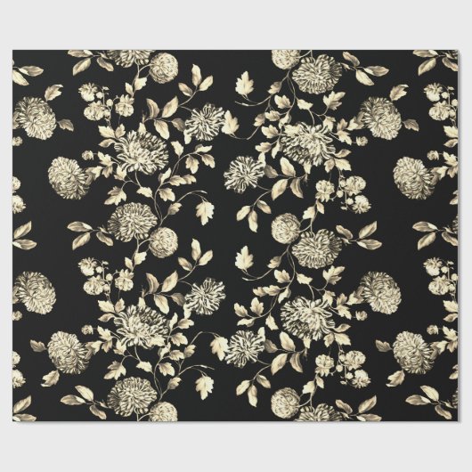 白黒の金ゴールドの花柄Toile ラッピングペーパー (フラット)