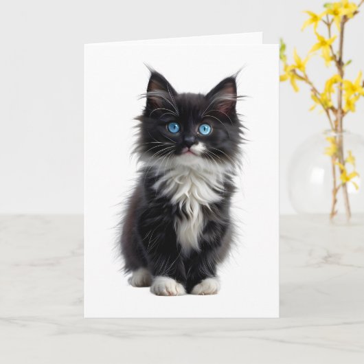 白黒の長毛の猫の青い目空白の カード (黄色い花)