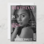 白黒の雑誌の表紙の写真26歳の誕生日 招待状 (正面)