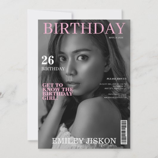 白黒の雑誌の表紙の写真26歳の誕生日 招待状 (正面)