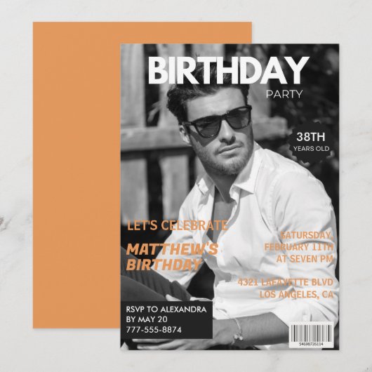 白黒の雑誌エディトリアル38歳の誕生日 招待状 (正面/裏面)