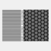 白黒の雪の結晶クリスマスの木とストライプ ラッピングペーパーシート (正面)