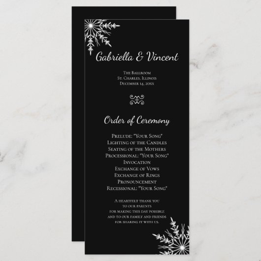 白黒の雪片の冬の結婚式プログラム プログラム (正面/裏面)