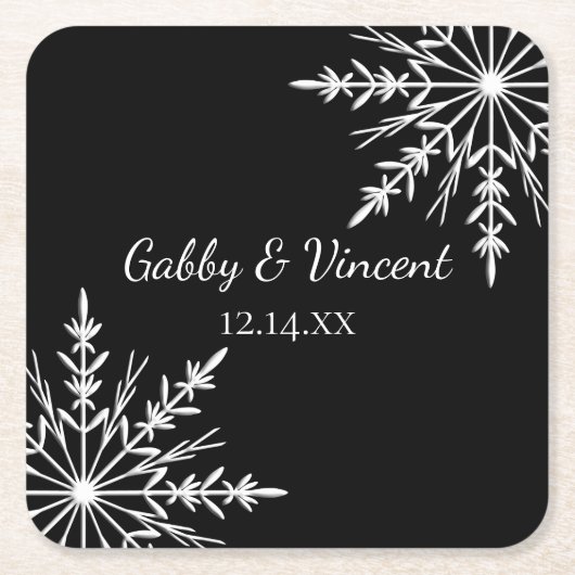 白黒の雪片の冬の結婚式 スクエアペーパーコースター (正面)