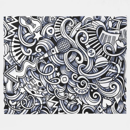 白黒の音楽をテーマお洒落にした フリースブランケット (正面(横))