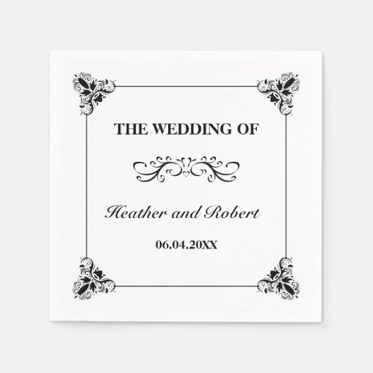 白黒の飾り枠結婚 スタンダードカクテルナプキン (正面)