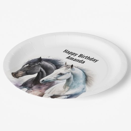 白黒の馬の水色誕生日 ペーパープレート (アングル)