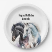 白黒の馬の水色誕生日 ペーパープレート (正面)
