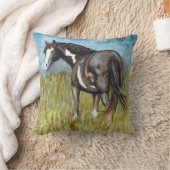 白黒の馬の絵を描水色アート クッション (ブランケット)