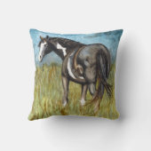 白黒の馬の絵を描水色アート クッション (裏面)