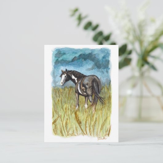 白黒の馬の絵を描水色アート ポストカード (スタンド正面)