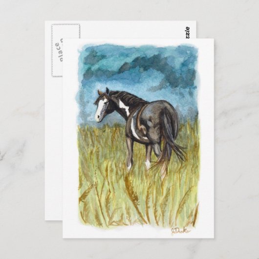 白黒の馬の絵を描水色アート ポストカード (正面/裏面)