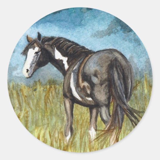 白黒の馬の絵を描水色アート ラウンドシール (正面)