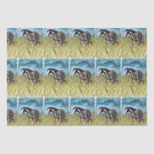 白黒の馬の絵を描水色アート 薄葉紙 (正面)