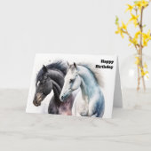 白黒の馬ペアの水色誕生日 カード (黄色い花)