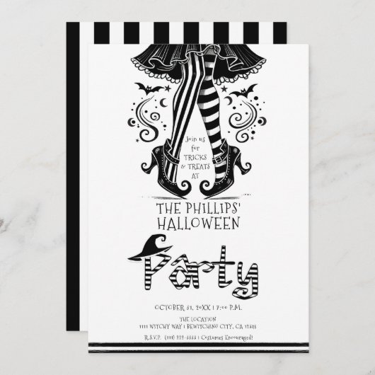 白黒の魔女レッグお洒落ハローウィンパーティ 招待状 (正面/裏面)