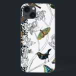 白黒の鳥と蝶 iPhone 13ケース<br><div class="desc">アーティストのチャリキア・ザリスは、才能ある画家・デザイナーだ。彼女は鳥絵画や野生動物が好きで、この写真も例外ではない。鳥や蝶の鮮やかな色は、背景の白と黒の枝によって強調される。</div>