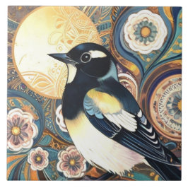 白黒の鳥アールデコ新しい花フローラ タイル