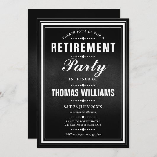 白黒の黒板の退職パーティー 招待状 (正面/裏面)