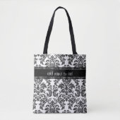 白黒の黒板ダマスクパターンスクリプト トートバッグ (正面)