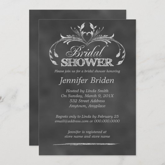 白黒の黒板モダンブライダルシャワー 招待状 (正面/裏面)