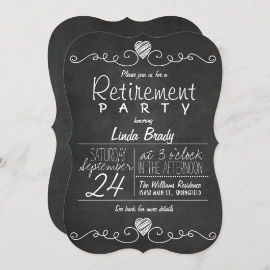白黒の黒板リタイアメントパーティー 招待状 (正面/裏面)