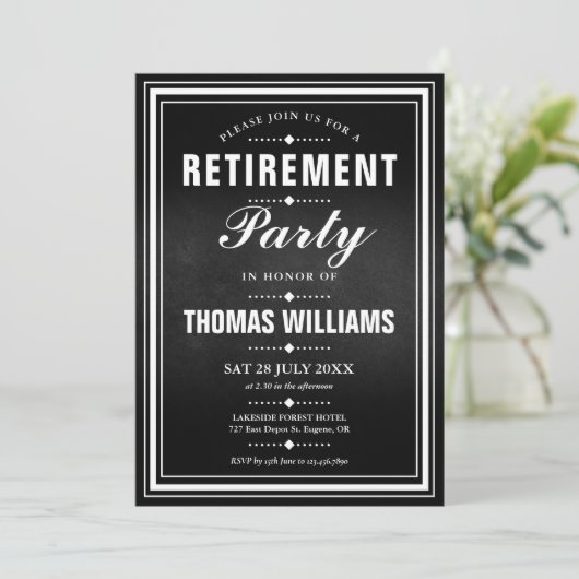 白黒の黒板写真のリタイアメントパーティー 招待状 (スタンド正面)