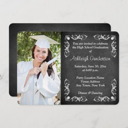 白黒の黒板写真卒業招待状 招待状 (正面/裏面)