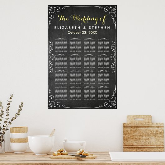 白黒の黒板結婚の座席表 ポスター (キッチン)