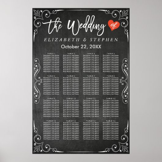 白黒の黒板結婚の座席表 ポスター (正面)