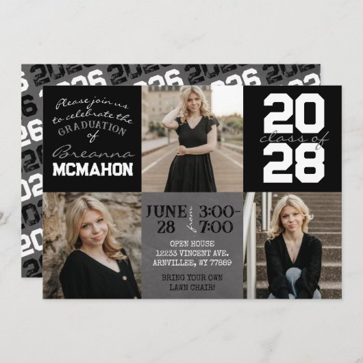 白黒の黒板3写真卒業 招待状 (正面/裏面)