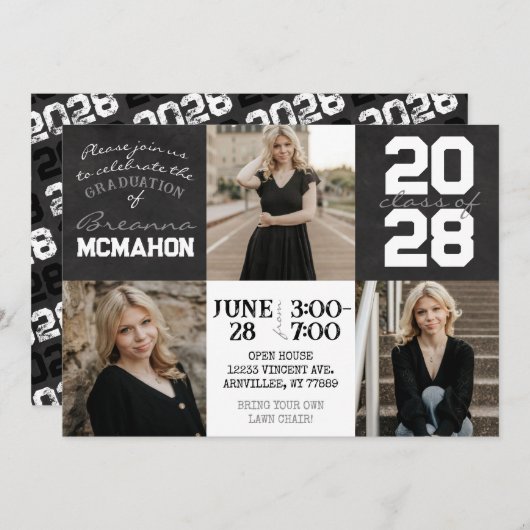 白黒の黒板3写真卒業 招待状 (正面/裏面)