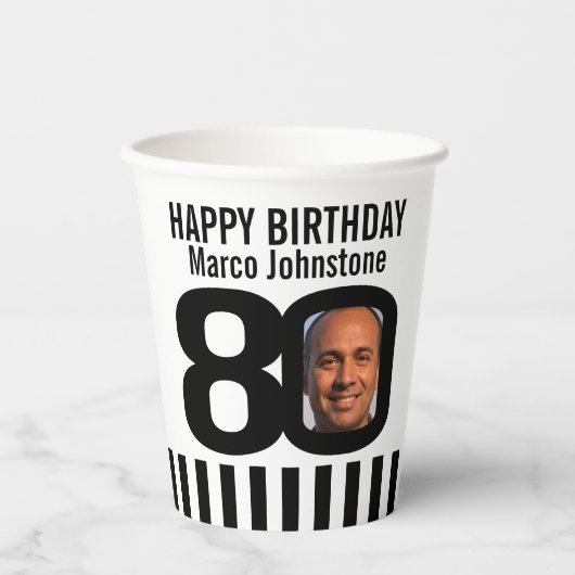 白黒の80歳の誕生日カスタム写真  紙コップ (正面)