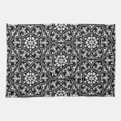 白黒の（紋章の）フラ・ダ・リの縦の花パターン キッチンタオル (横)