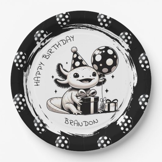 白黒のAxolotl & Balloons誕生日 ペーパープレート (正面)
