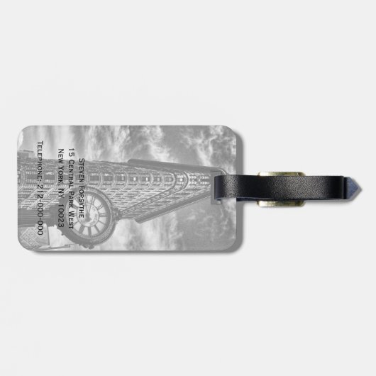 白黒のFlatironの建物そして時計 ラゲッジタグ (裏面横)