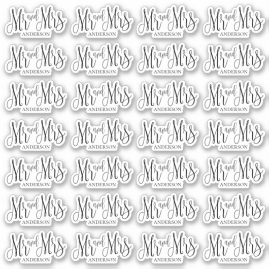 白黒のmrとmrsモダン結婚字 シール (正面)