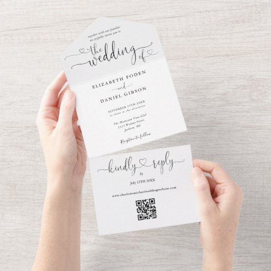 白黒のQRコードスクリプトハート結婚 オールインワン招待状 (貼ってはがせる)