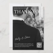 白黒のQRコードマガジンのカバー結婚の サンキューカード (正面)