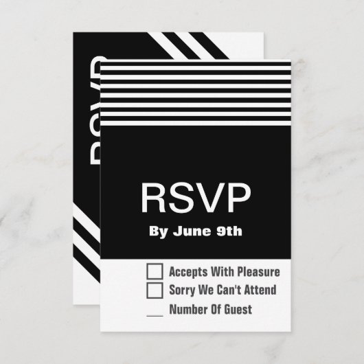 白黒のRSVPモダン応答カード3.5 x 3" 出欠カード (正面/裏面)