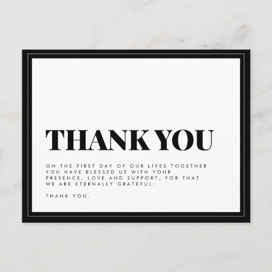 白黒はっきりしたタイポグラフィ結婚ズサンキューポスト ポストカード (正面)