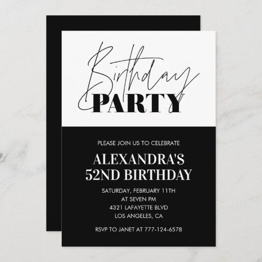 白黒はっきりしたタイポグラフィ52歳 招待状 (正面/裏面)